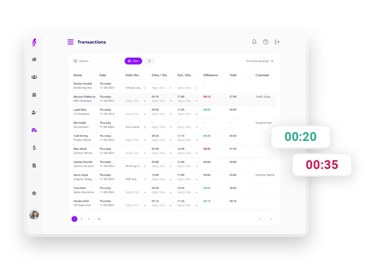 Integral Transactions Module Displaying Employee Attendance Logs and Time Calculations